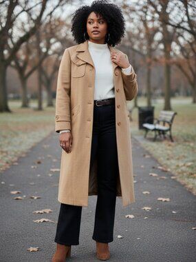 VIEW Womens Camel Belted Long Coat Wide Lapel Button Front Retro Style